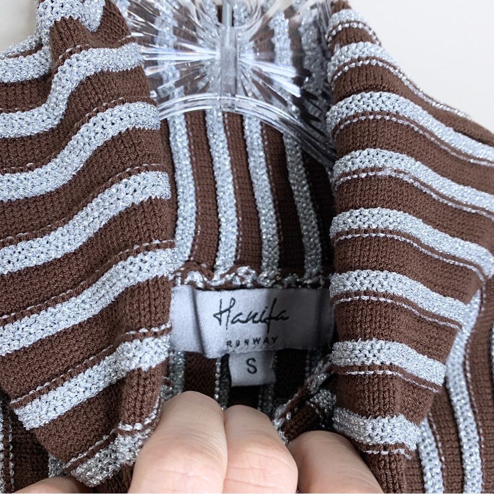 Hanifa Cici Knit Mini Dress (Sz S) Ribbed Long Sleeve Turtleneck Brown Silver - Picture 14 of 16